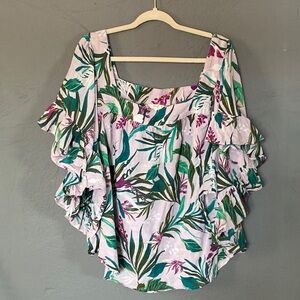 Terra & Sky Purple Floral Tropical Print Ruffle Sleeve Blouse Top Size 4X